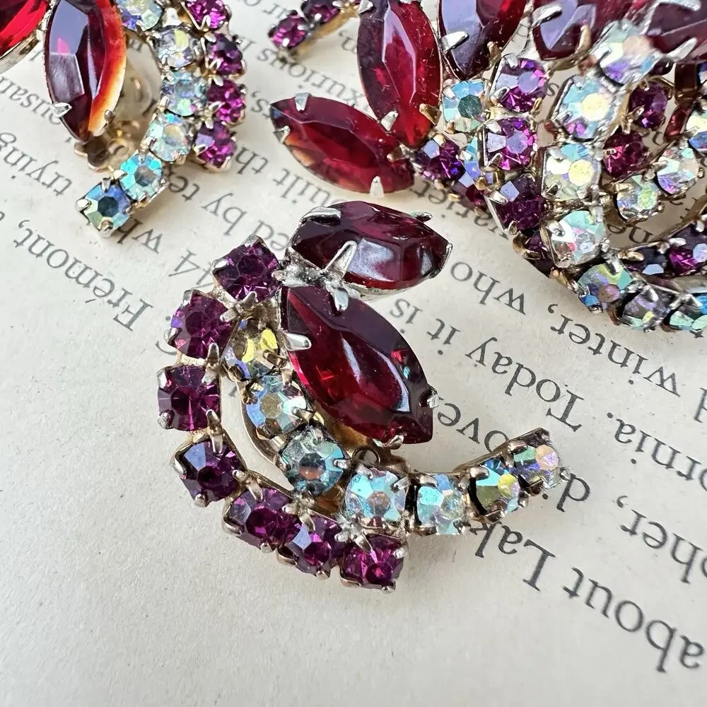 Vintage Red Rhinestone Brooch & Clip Earring Set Pink AB Swirl Cluster Sunburst